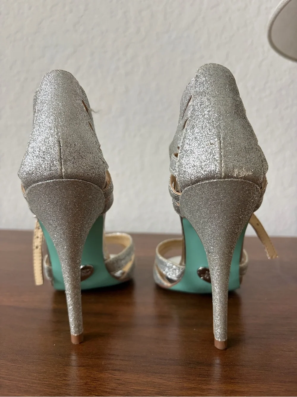 Betsey Johnson Silver Glitter Strappy High Heel Sandals - Picture 2 of 4
